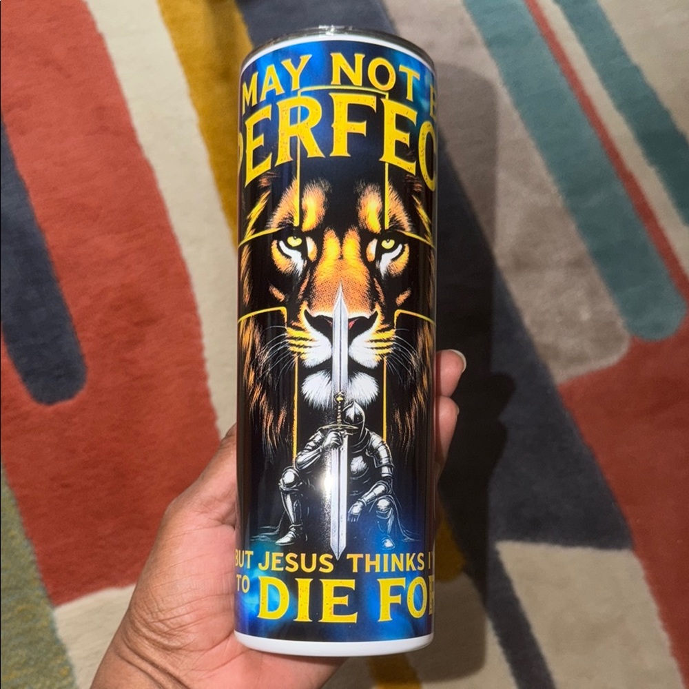May Not Be Perfect Lion Graphic Tumbler - Blue & Gold